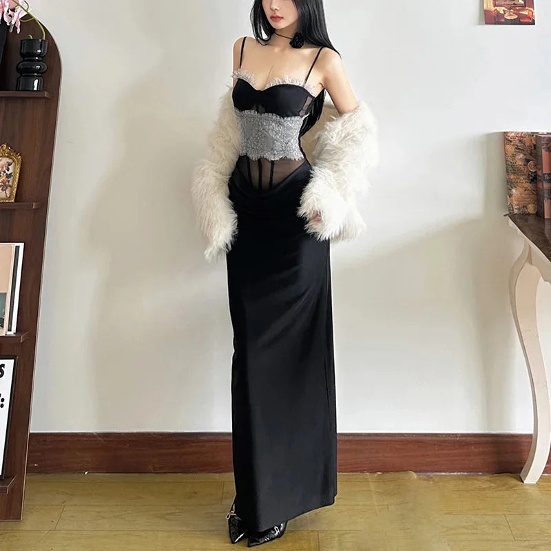 Lace Mesh Long Corset Dress - Fashionnsio