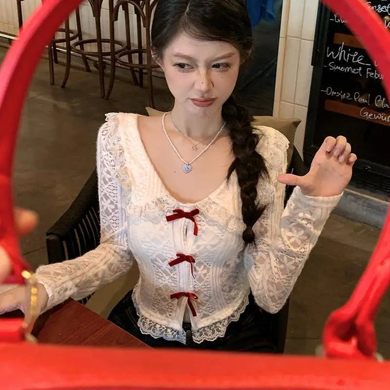 Collar Lace Long Sleeve Top - Fashionnsio