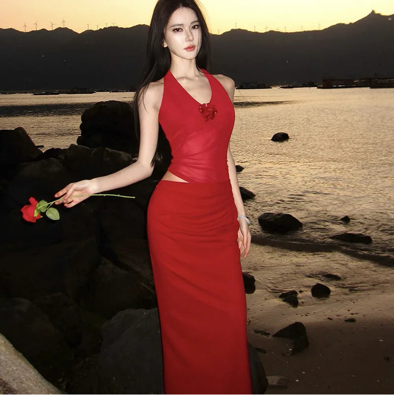 Mesh Splicing Halter Long Dress - Fashionnsio