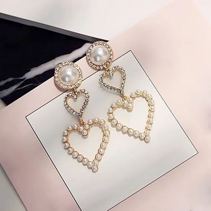 Pearl Heart Rhinestone Drop Earrings fashionnsio