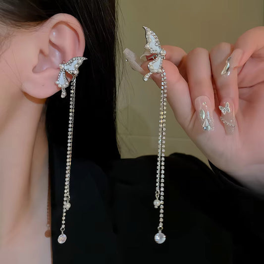 Butterfly Diamond Long Tassel Ear Clip Earrings fashionnsio