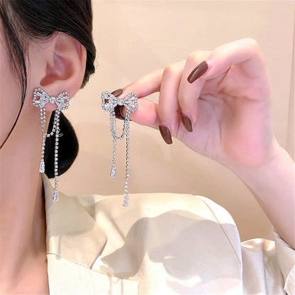 Bowknot Long Zircon Tassel Earrings fashionnsio