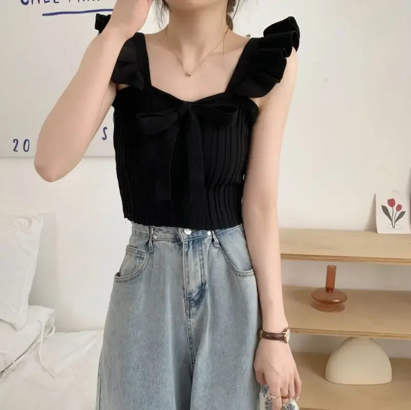 Ruffle Lace Up Knitted Top