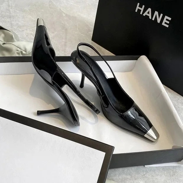 Metal Square Toe Black Heels