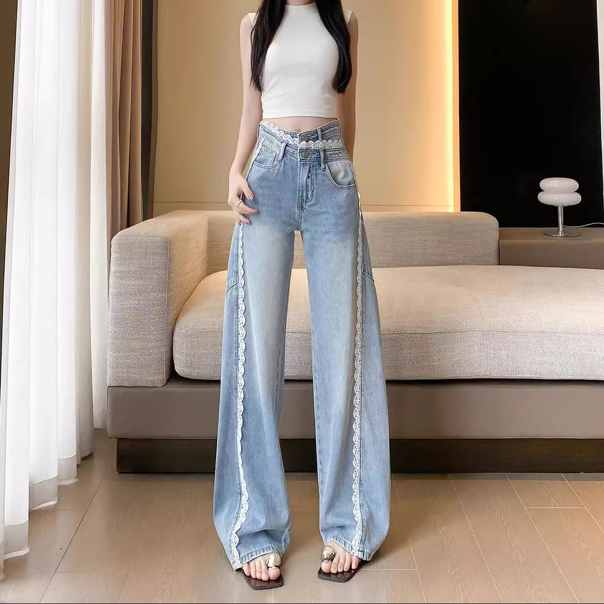Wide Leg Trim Lace Jeans - Fashionnsio