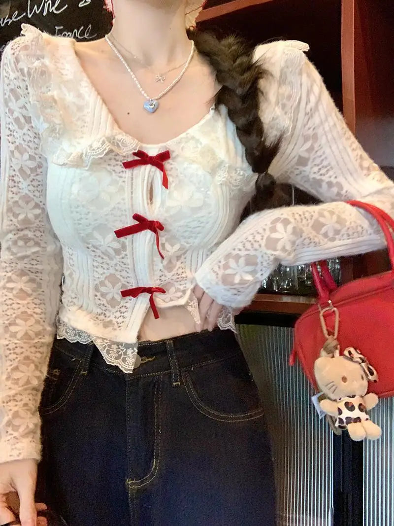 Collar Lace Long Sleeve Top - Fashionnsio