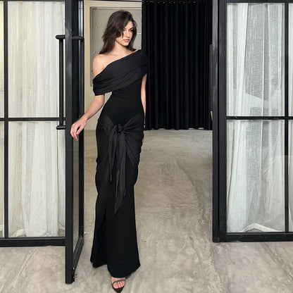 Off Shoulder Ribbon Fold Long Dress