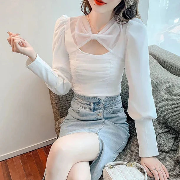 Puff Sleeve Bow Mesh Pleated Top fashionnsio