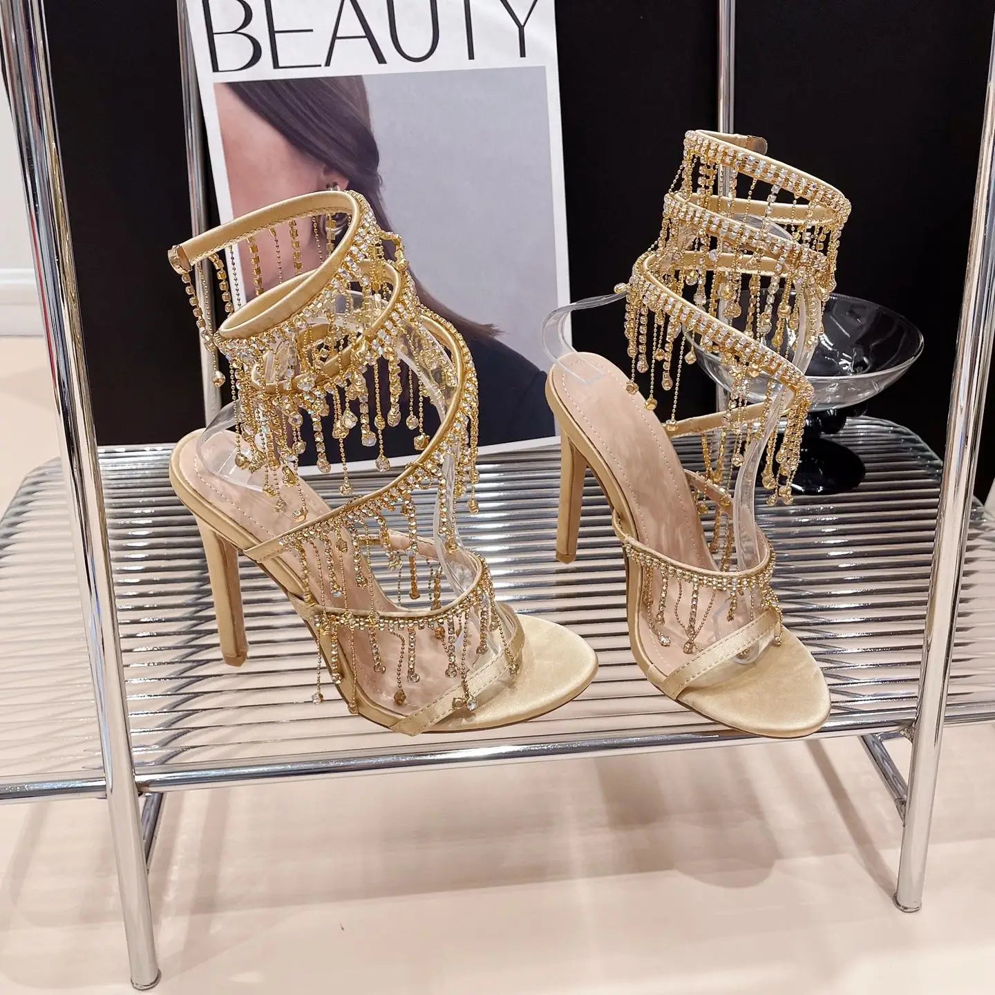 Embellished Crystal Tassel Heels