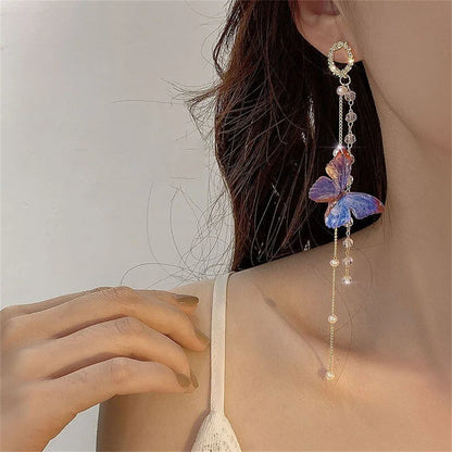 Crystal Pearls Long Tassel Butterfly Earrings fashionnsio