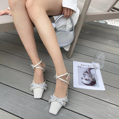 Bow Rhinestone Square Toe Ankle Strap Heels