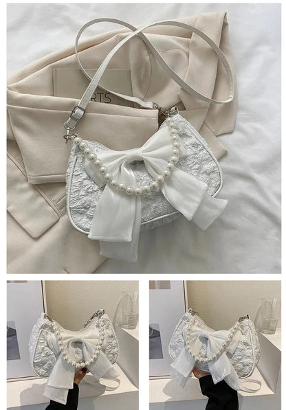 Bow Pearl Mesh Shoulder Bags