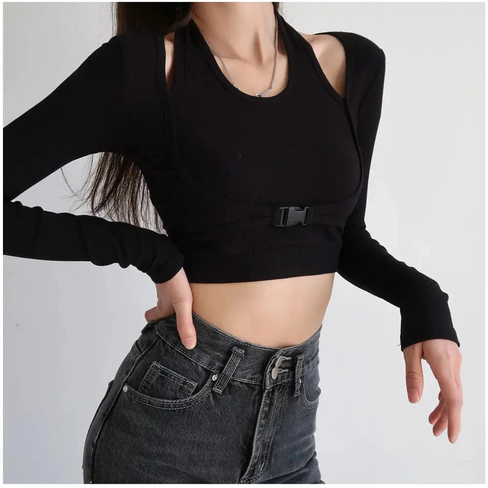 Fake 2 Piece Buckle Long Sleeve Top