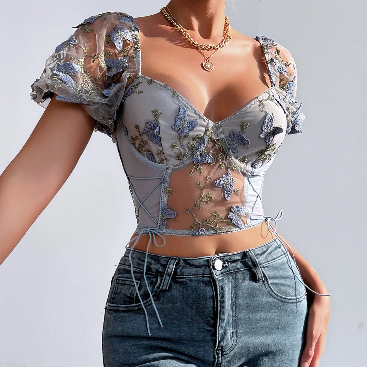 Butterfly Embroidered Lace Up Corset Top