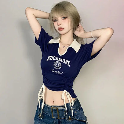 Drawstring Tie Up T-shirt Top fashionnsio