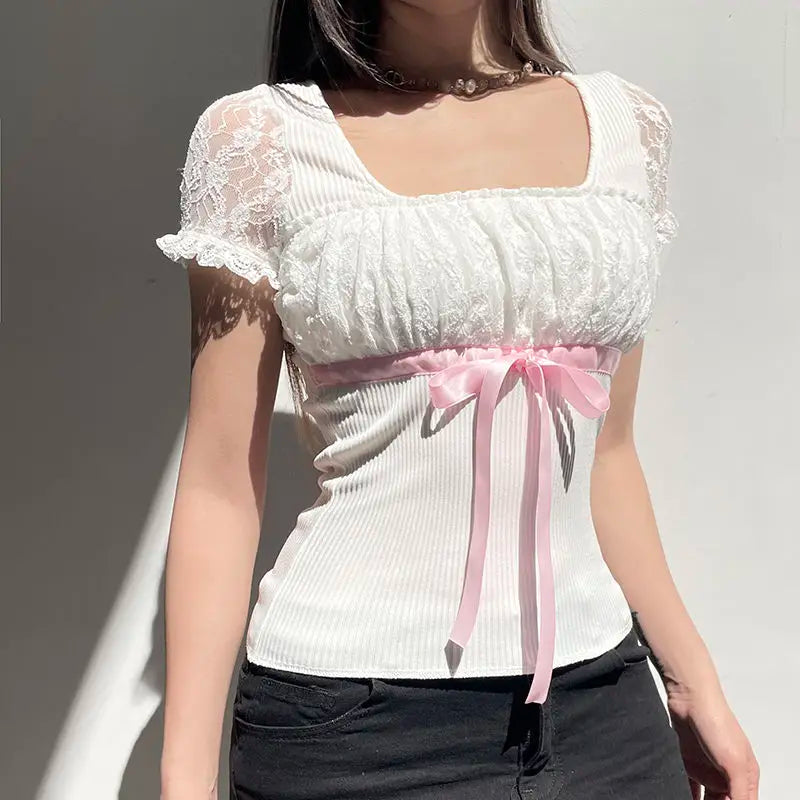 Ribbon Bow Lace Patchwork Top