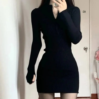 Knitted Zipper Long Sleeve Dress