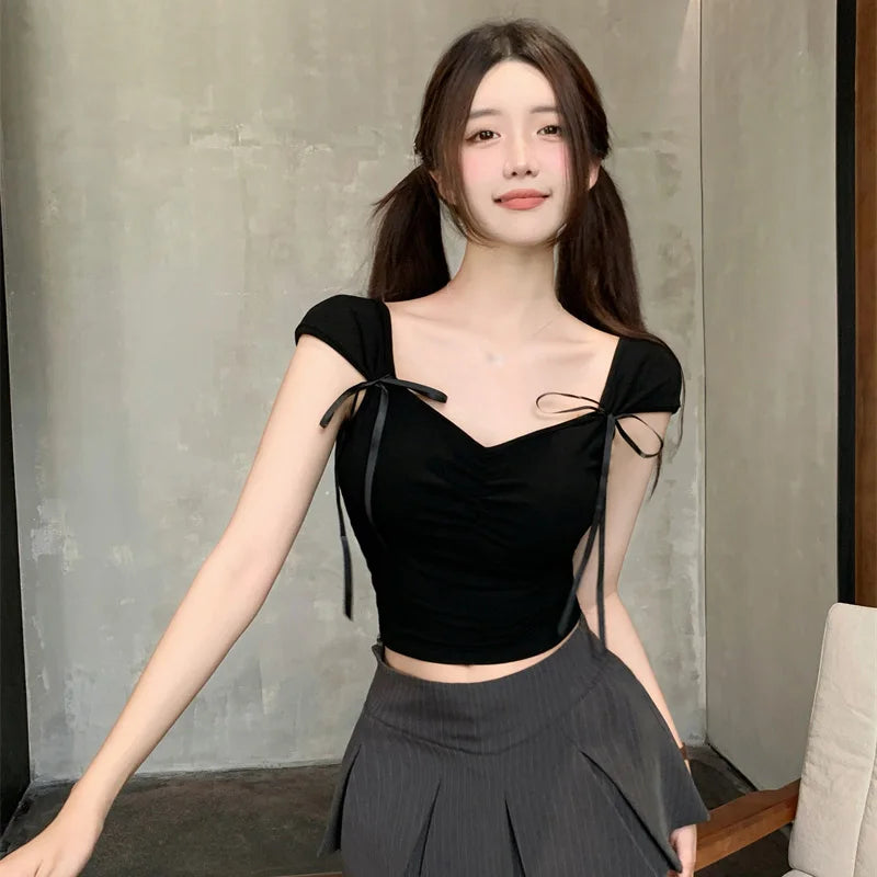 Pleated Bow Strap Crop Top