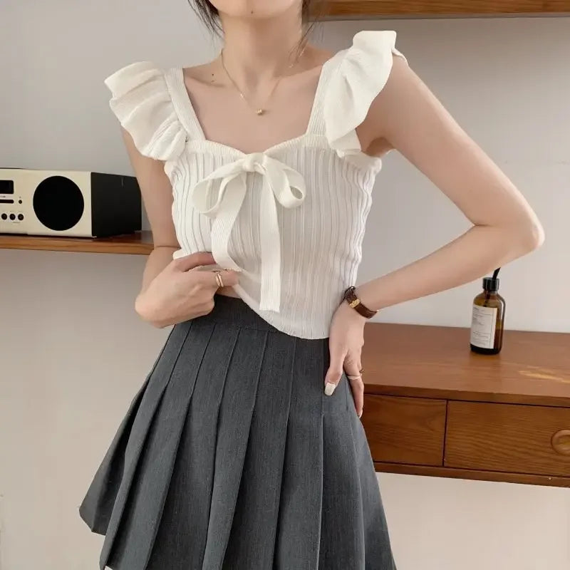 Ruffle Lace Up Knitted Top