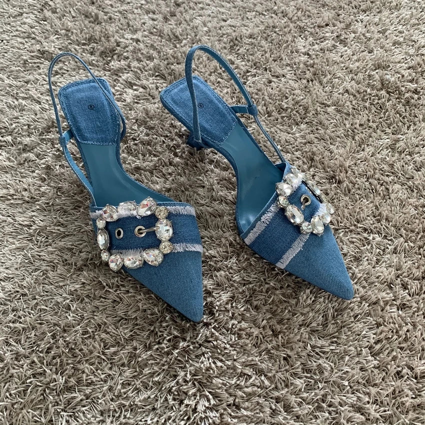 Denim Rhinestone Buckle Heels