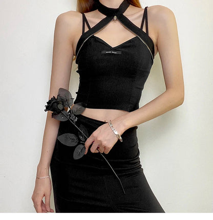 Zipper Halter Neck Crop Top