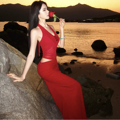 Mesh Splicing Halter Long Dress - Fashionnsio