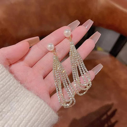 Korean Diamond Long Pearl Dangle Earrings fashionnsio