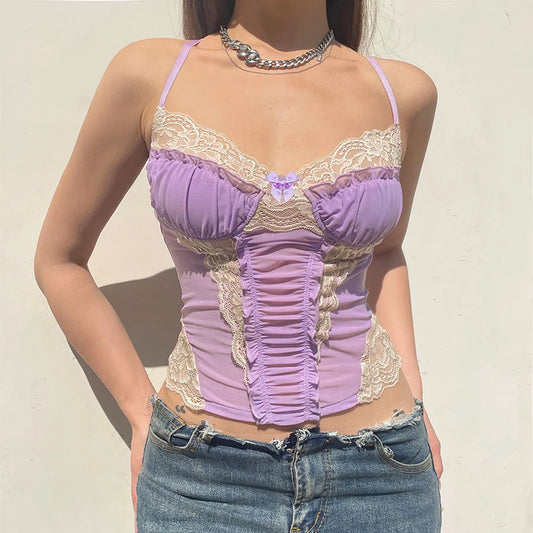 Lace Mesh Patchwork Coquette Corset Top