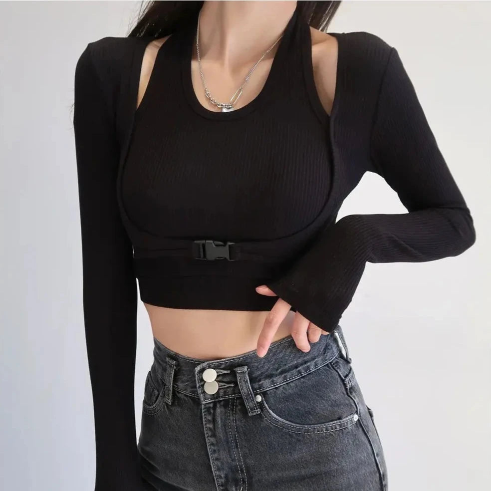 Fake 2 Piece Buckle Long Sleeve Top