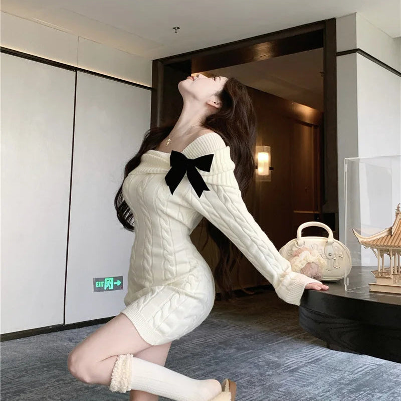 Sweater Knit Mini Bow Dress - Fashionnsio