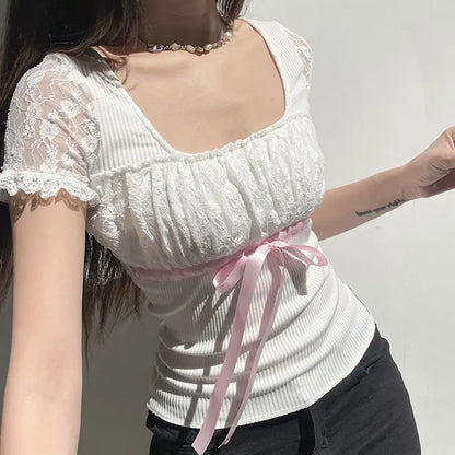 Ribbon Bow Lace Patchwork Top