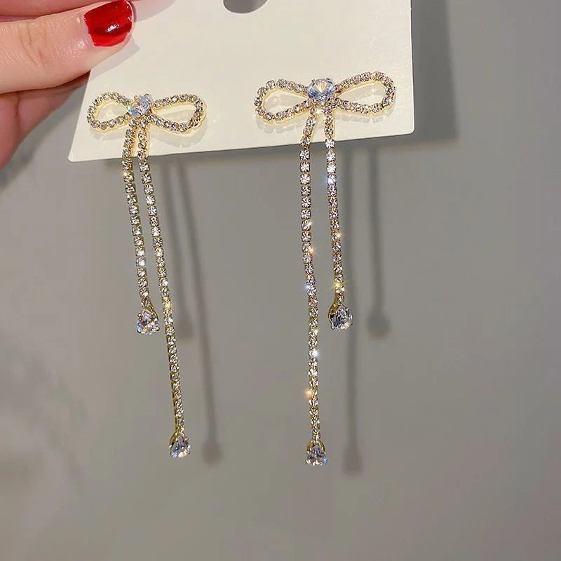 Rhinestone Crystal Bowknot Long Earrings fashionnsio