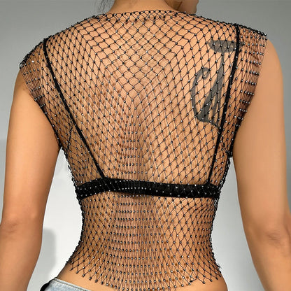 Rhinestone See Through Net Top