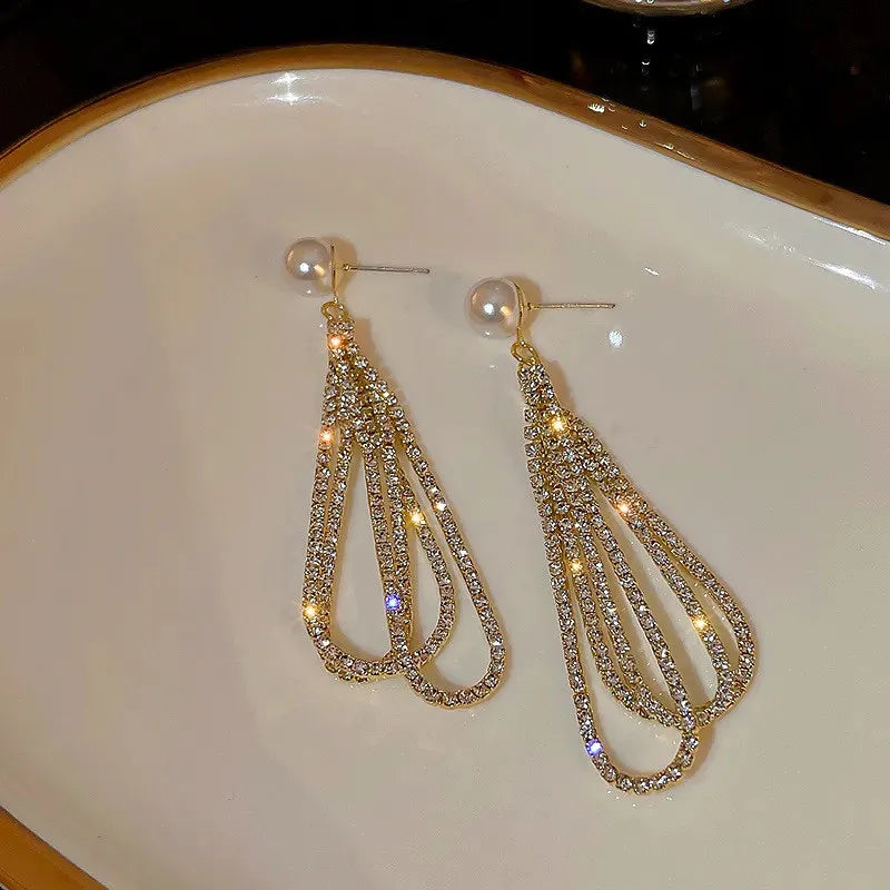 Korean Diamond Long Pearl Dangle Earrings fashionnsio