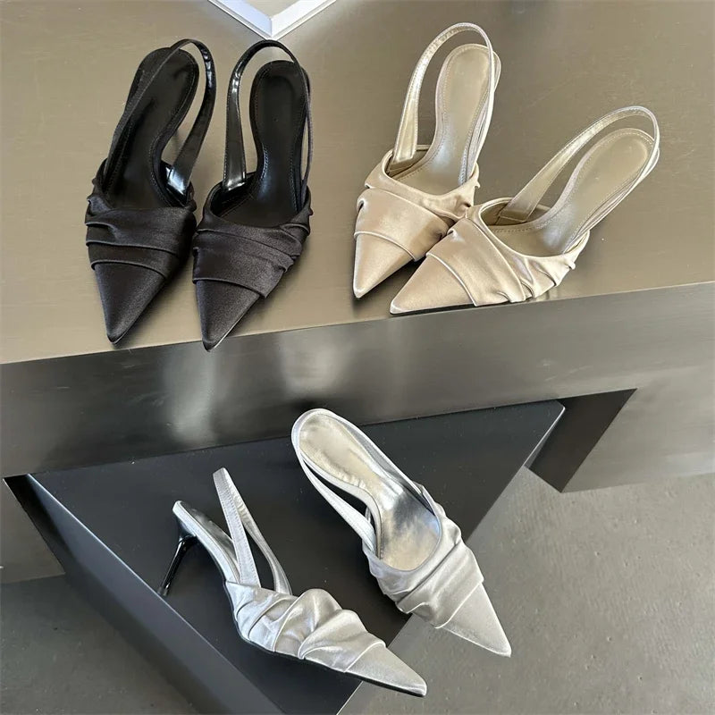 Satin Pleated Pointed Toe Heels