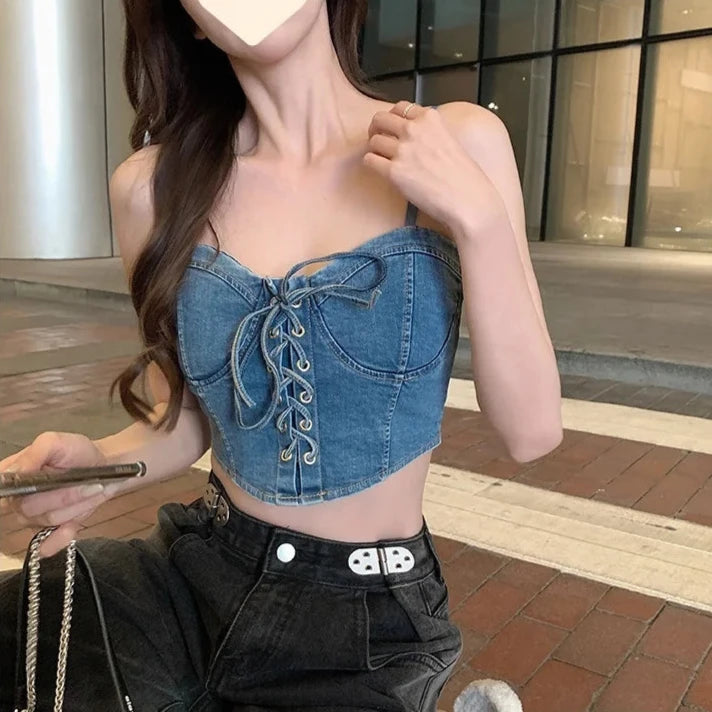 Denim Bow Drawstring Corset Top