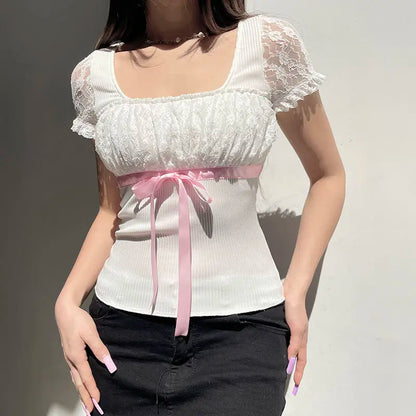 Ribbon Bow Lace Patchwork Top