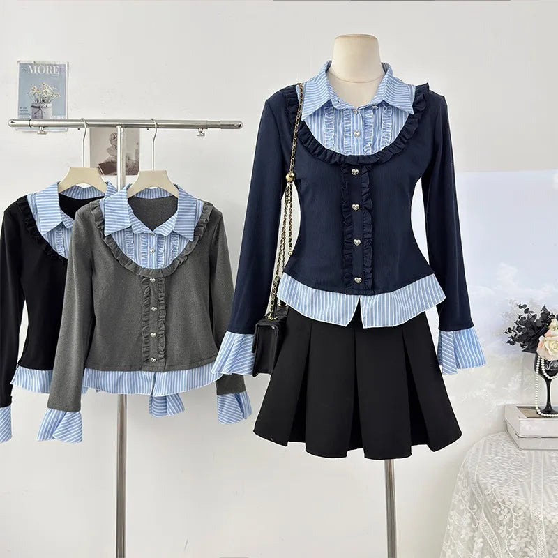 Y2K Collar Striped Korean Top - Fashionnsio