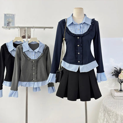 Y2K Collar Striped Korean Top - Fashionnsio