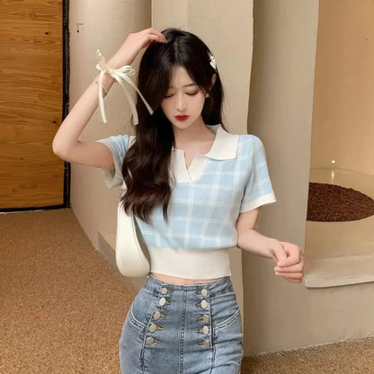 Korean Knitted Plaid Top