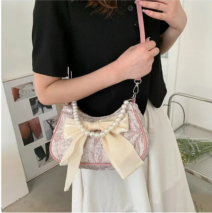 Bow Pearl Mesh Shoulder Bags