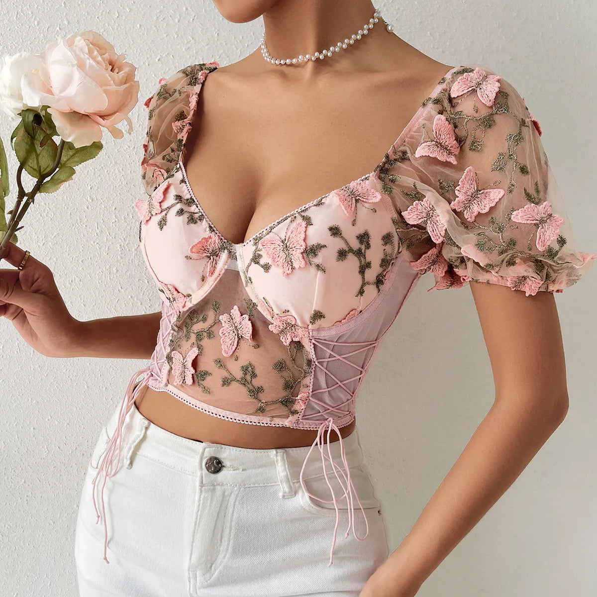 Butterfly Embroidered Lace Up Corset Top