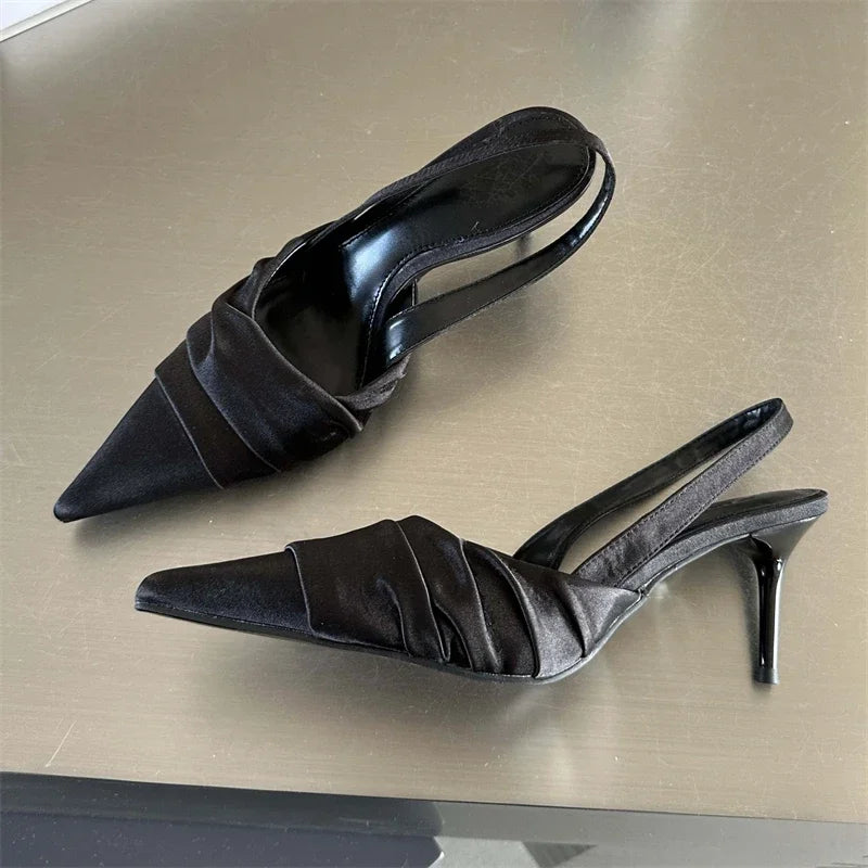 Satin Pleated Pointed Toe Heels