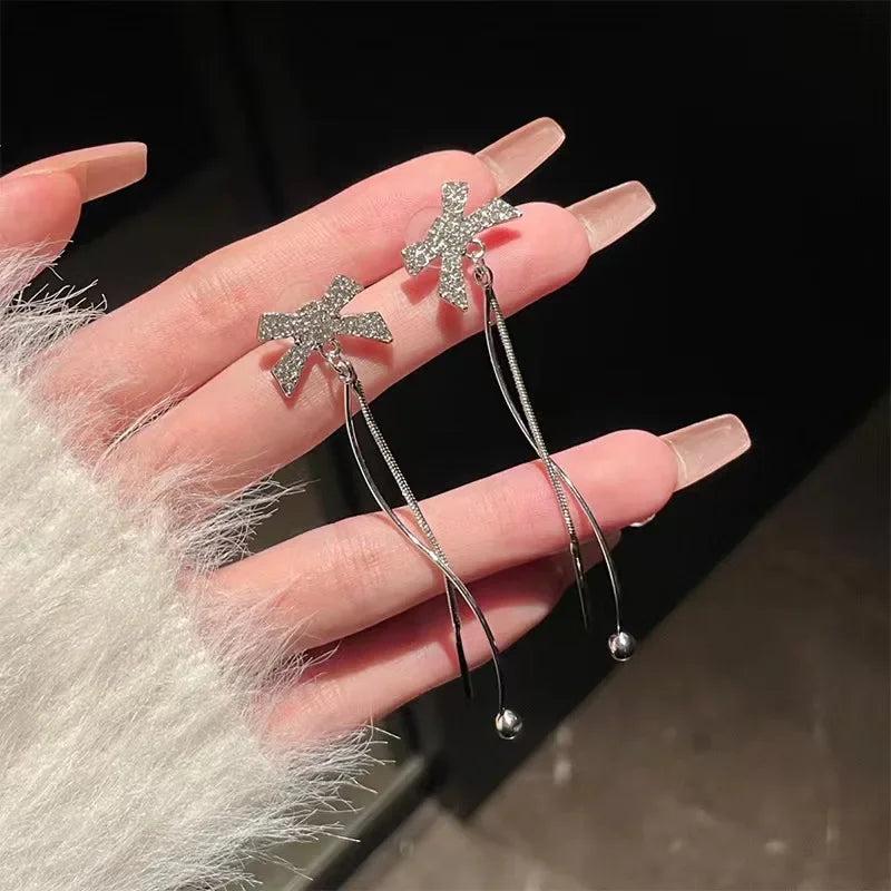 Korean Bow Tassel Diamond Earrings fashionnsio