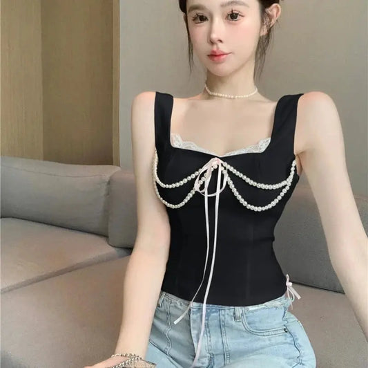 Pearl Bow Lace Coquette Top fashionnsio
