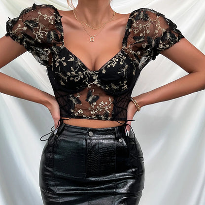 Butterfly Embroidered Lace Up Corset Top