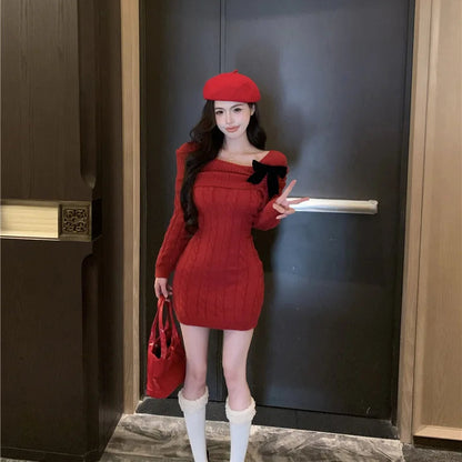 Sweater Knit Mini Bow Dress - Fashionnsio