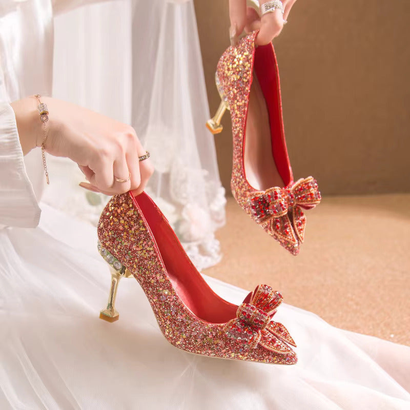 Crystal Sequins Bowknot Cinderella Heels