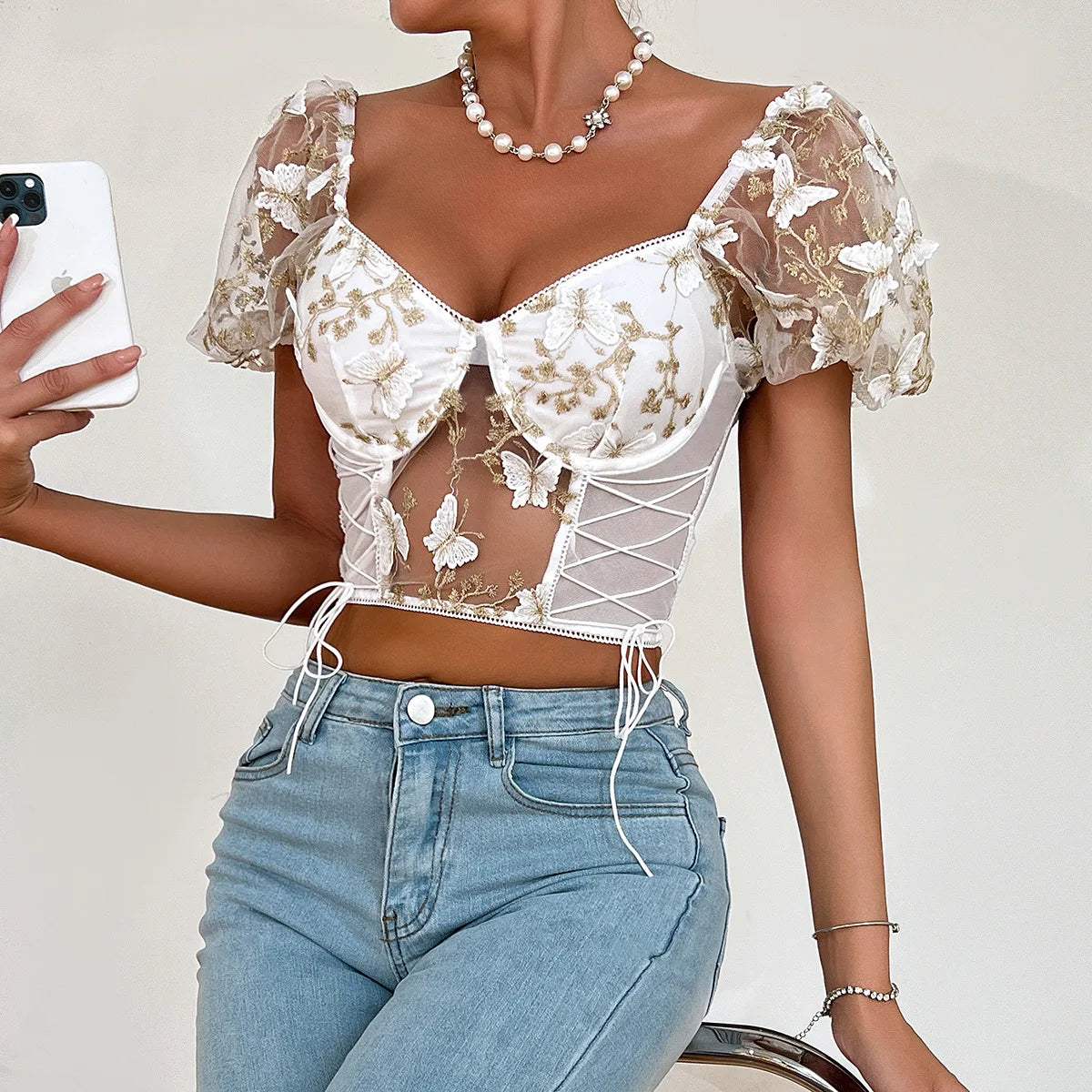 Butterfly Embroidered Lace Up Corset Top