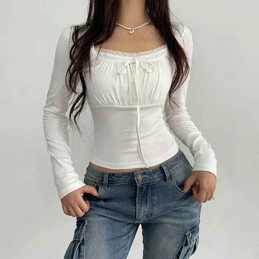 Lace Tie Long-sleeved Cute Top fashionnsio